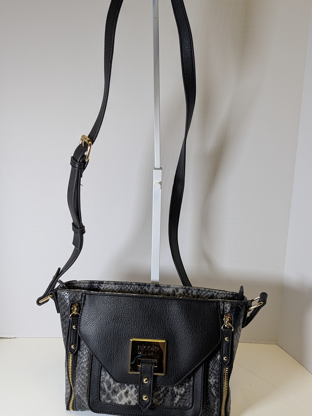 Nicole by Nicole Miller Black Crossbody with Leopard Accent and Gold Hardware